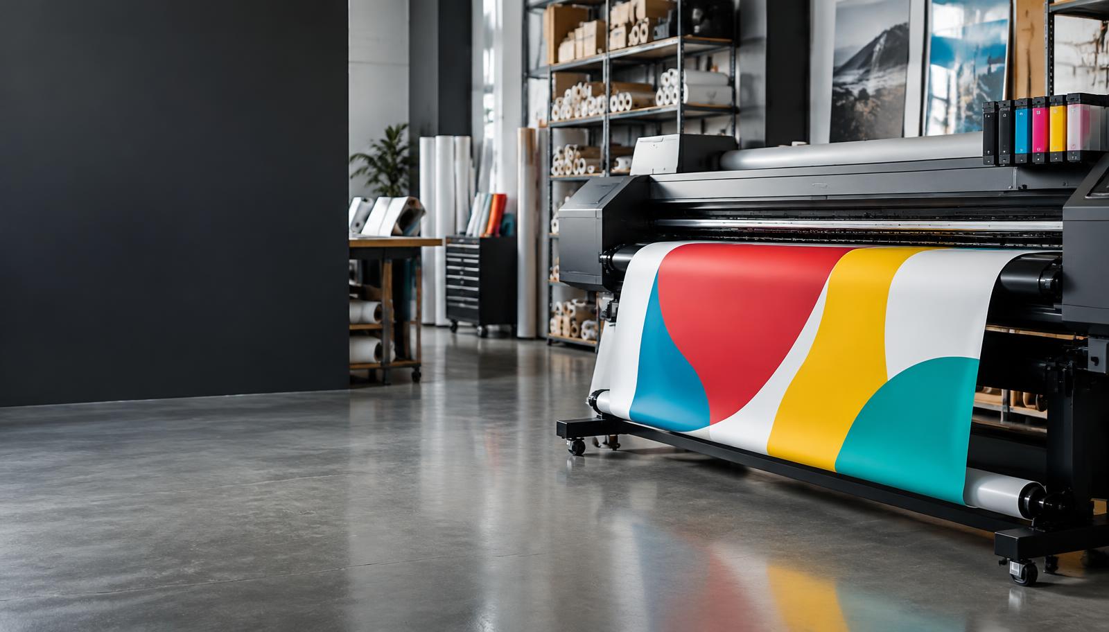 Wide-format printing equipment producing vibrant large-format graphics